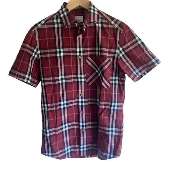 BURBERRY Red Poplin Check Short Sleeve Shirt Sz XS - Picture 3 of 10